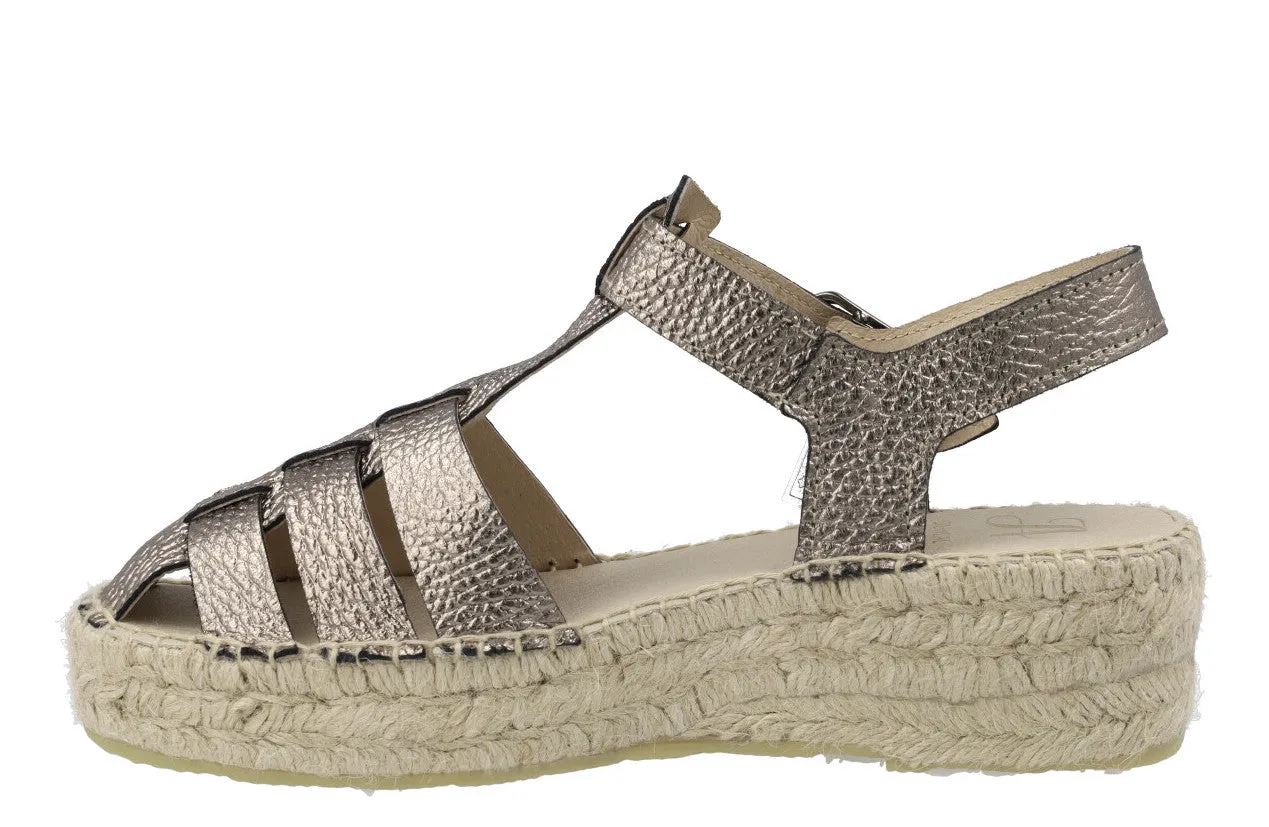 Cangrejeras con plataforma de esparto en piel bronce