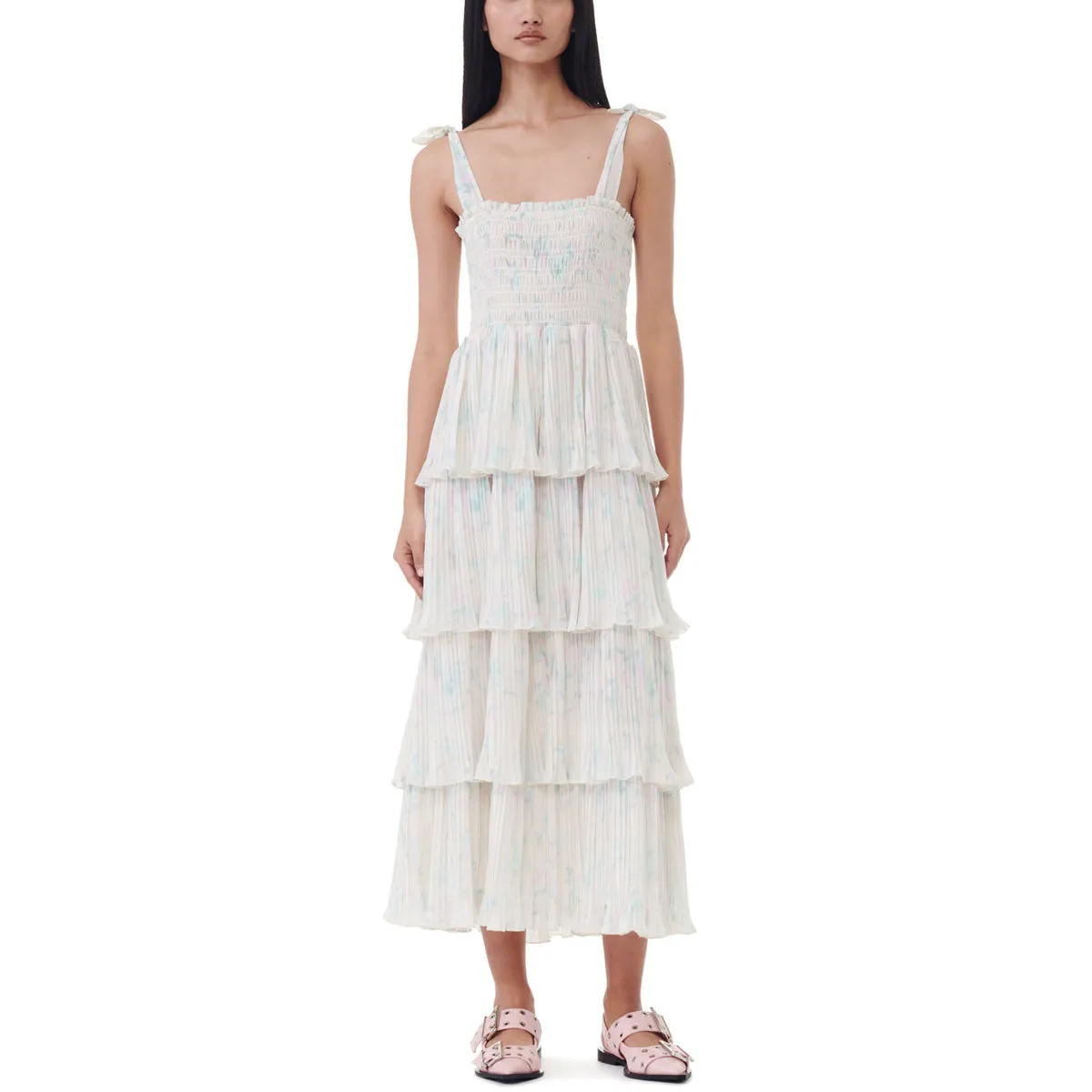 Pleat Georgette Strap Smock Midi Dress