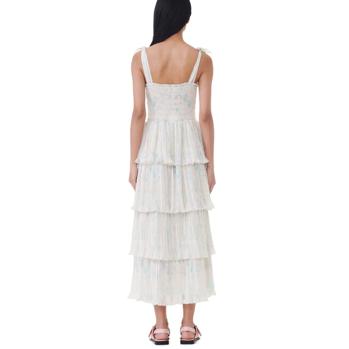 Pleat Georgette Strap Smock Midi Dress