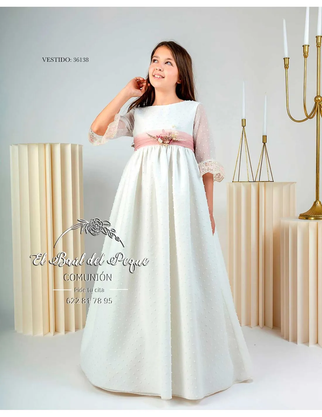 Vestido Comunión Sencillo Plumeti Blanco Roto Lilus Colección 2024